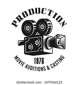 Retro camera vector emblem, label, badge or logo in monochrome vintage style isolated on white background