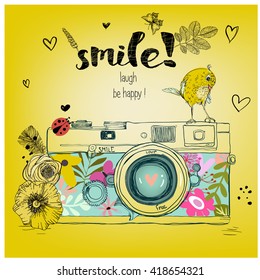 retro camera  Vector illustration  Photo camera and flowers   birds  Camera and floral pattern 