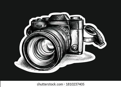 Retro camera vector image, sketch with hatching realistic model of a modern system camera. Black and white illustration sticker for posters, banners, postcards and logo of the photographer eps