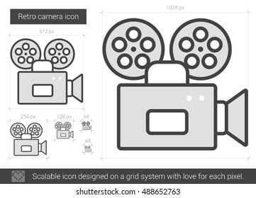Icono de línea vectorial de cámara retro aislado en fondo blanco. Icono de la línea de cámara retro para infografía, sitio web o aplicación. Icono escalable diseñado en un sistema de cuadrícula.