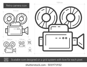 Retro camera vector line icon isolated on white background. Retro camera line icon for infographic, website or app. Scalable icon designed on a grid system.