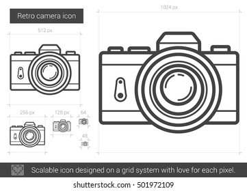 Retro camera vector line icon isolated on white background. Retro camera line icon for infographic, website or app. Scalable icon designed on a grid system.