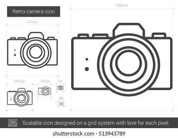 Retro camera vector line icon isolated on white background. Retro camera line icon for infographic, website or app. Scalable icon designed on a grid system.