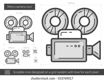 Retro camera vector line icon isolated on white background. Retro camera line icon for infographic, website or app. Scalable icon designed on a grid system.