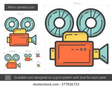 Retro camera vector line icon isolated on white background. Retro camera line icon for infographic, website or app. Scalable icon designed on a grid system.