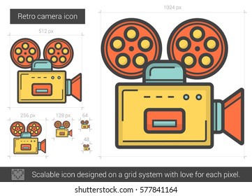 Retro camera vector line icon isolated on white background. Retro camera line icon for infographic, website or app. Scalable icon designed on a grid system.