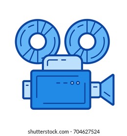 Ícone de linha de vetor de câmera retrô isolado no fundo branco. Ícone de linha de câmera retrô para infográfico, site ou aplicativo. Ícone azul projetado em um sistema de grade.