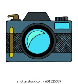 Retro camera or vintage camera in a flat style on a white background. Old camera. Isolated antique camera. 