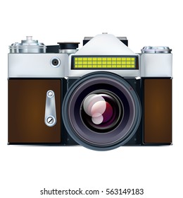 Retro camera or vintage camera. Old antique photocamera. Vector image isolated on white background.