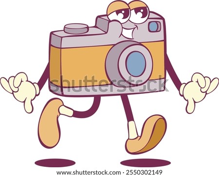 Retro camera whimsical cartoon character in groovy style