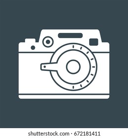 Retro camera white icon on black background. Flat vector cartoon illustration. Objects isolated.