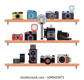 Retro cameras ant specific details for photographers standing on the shelves