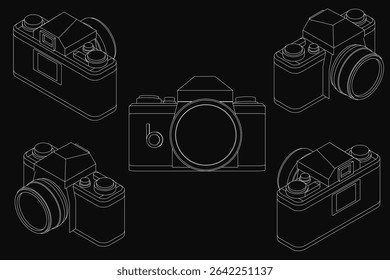 Retro cameras in a symmetrical line drawing on a black background, featuring detailed lenses, buttons, and unique designs. The stark contrast highlights the intricate white outlines against the.