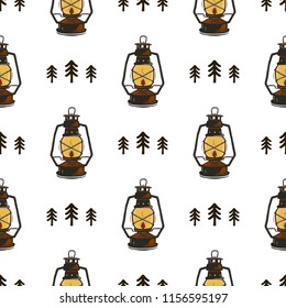 Retro camp seamless pattern with Lanterns and trees. Vintage hand drawn concept. Old style colors. Stock vector wallpaper, background isolated on white.