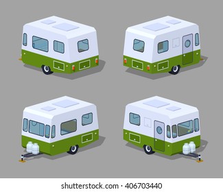 Retro camper. 3D lowpoly isometric vector illustration. The set of objects isolated against the grey background and shown from different sides