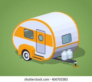 Retro camper against the green background. 3D lowpoly isometric vector illustration