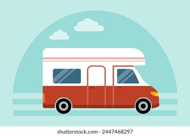 Retro camper with alcove, mobile home, road trip.