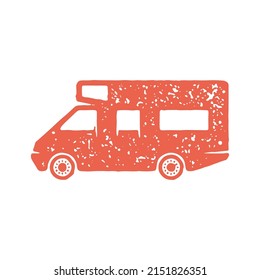 Retro camper car family outdoor summer travel, tourism, adventure vacation hand drawn grunge texture vector illustration. Vintage van for comfortable road trip journey recreational activity side view