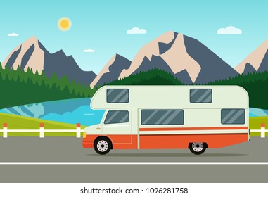 Retro camper car trailers caravan isolated. Summer landscape with forest, mountains and laker. Vector flat style illustration