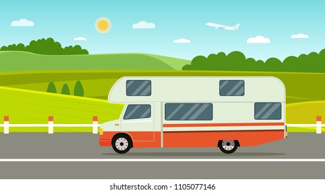 Retro camper car trailers caravan isolated. Summer landscape. Vector flat style illustration