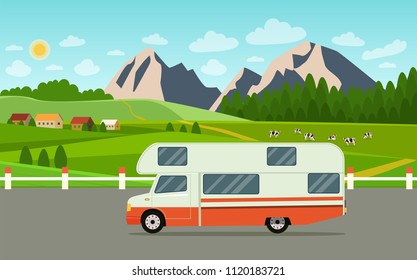 Retro camper car trailers caravan. Summer landscape with village and herd of cows on the field. Vector flat style illustration.