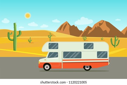 Retro camper car trailers caravan. Desert landscape. Vector flat style illustration