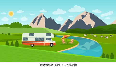 Retro camper car trailers caravan and deck chairs. Summer landscape with mountains and herd of cows on the field. Vector flat style illustration.