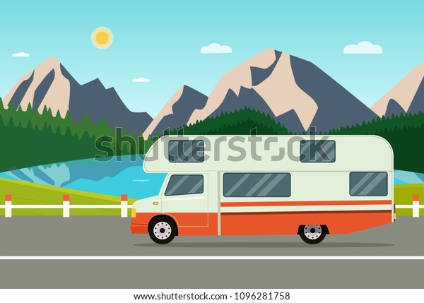 Retro\
camper car trailers caravan isolated. Summer landscape with forest,\
mountains and laker. Vector flat style\
illustration
