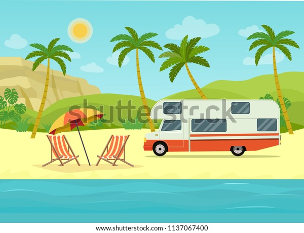 Retro camper car trailers caravan and\
two deck chairs on the beach. Tropical landscape with palm trees,\
ocean and mountain. Vector flat style\
illustration