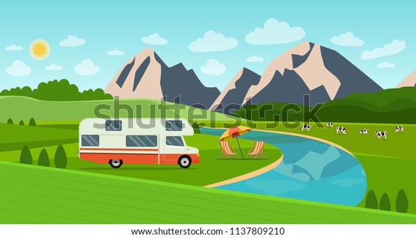 Retro camper car trailers caravan and deck\
chairs. Summer landscape with mountains and herd of cows on the\
field. Vector flat style\
illustration.