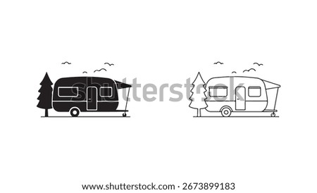 Retro camper trailer with pine tree and clouds