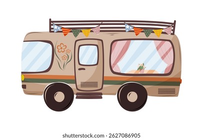 Retro camper for travel and summer vacations. Camping motor home on the white background. Isolated vector illustration.