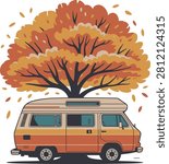 Retro camper van under autumn tree with falling leaves fall season