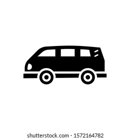 Retro Camper Van vector icon in black flat design on white background, Minivan filled flat sign for mobile concept and web design, Old van bus glyph icon, Passenger vehicle symbol, logo illustration, 