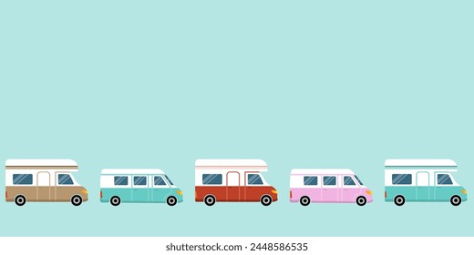 Retro camper vans and motorhomes tailback, line of cars.