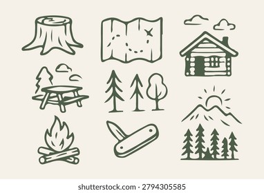 Retro campfire tree mountain log cabin and map icons. Vintage forest hiking equipment and wilderness survival sketches.