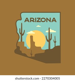 Retro camping badge featuring wilderness-themed design including Arizona desert landscape. Stock vector travel label isolated on dark background