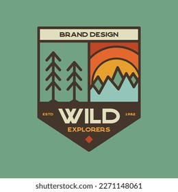 Retro camping badge featuring wilderness-themed design including wildlife elements. Stock vector travel label isolated on white background.