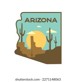 Retro camping badge featuring wilderness-themed design including Arizona desert landscape. Stock vector travel label isolated on white background.