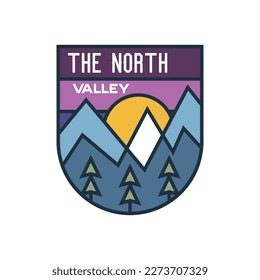 Retro camping badge featuring wilderness-themed design including simple mountains and trees. Stock vector travel label isolated on white background