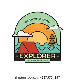 Retro camping badge featuring wilderness-themed design including explorer landscape with tent. Stock vector travel label isolated on white background