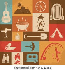 Retro camping icons set. Vector icons