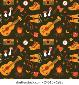Retro camping seamless vector pattern with backpack, hiking boots, campfire, guitar, tent, mug, camera, lantern, flowers. Cartoon design elements collection travel, tourism, trekking outdoor concept
