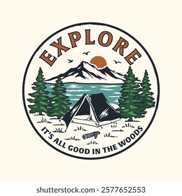 Retro camping-themed vector graphic featuring a tent, mountain range, trees, and a scenic lake under a sunset. Perfect for adventure, outdoor, and travel-themed t-shirt designs.