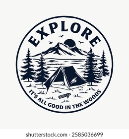 Retro camping-themed vector graphic featuring a tent, mountain range, trees, and a scenic lake under a sunset. Perfect for adventure, outdoor, and travel-themed t-shirt designs.