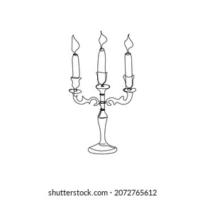 Retro candelabrum and three candles one line art. Continuous line drawing of new year holidays, christmas, traditional, candle holder, illumination, lighting, romance.