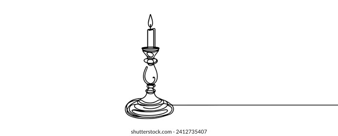 Retro candle holder and candle one line art. Continuous line drawing of new year holidays, christmas, traditional candelabrum, illumination, lighting.