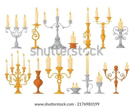 Retro candle holders chandelier set of isolated images with baroque design lights and burning candles inside vector illustration