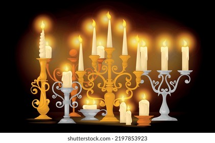 Composición de portavelas retro con vistas a quemar velas en gradas retro de ilustraciones vectoriales de plata y oro
