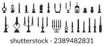 Retro candles in candlesticks set. Candle holders